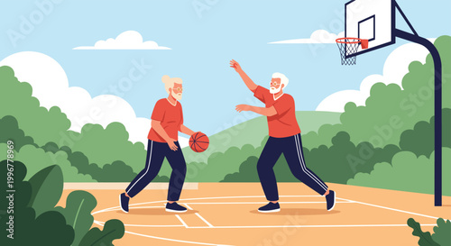 Active senior couple playing basketball on an outdoor court to stay healthy and fit during their retirement years together.