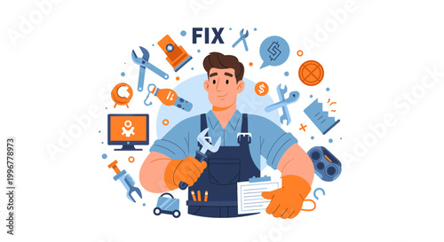 Professional male mechanic or handyman holding a wrench, surrounded by a variety of repair tools and service icons.