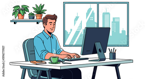 An illustration of a man working diligently at his desk on a computer in a modern office with a city view and potted plants.
