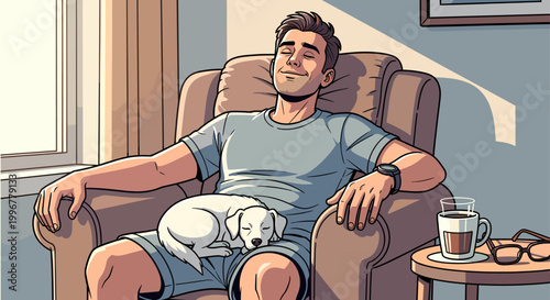 A man relaxing peacefully in an armchair with a small white dog sleeping on his lap, enjoying a quiet moment in the sunlit room.