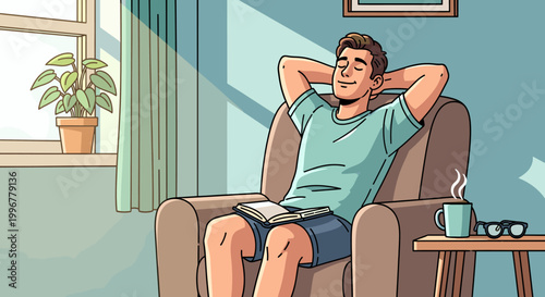 A man relaxing comfortably in an armchair by a sunlit window, enjoying a peaceful moment with a book and a warm drink.