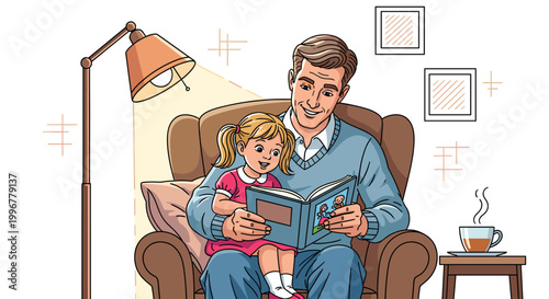 Father and daughter reading a storybook together in a cozy armchair under a warm lamp light, enjoying a quiet family moment.