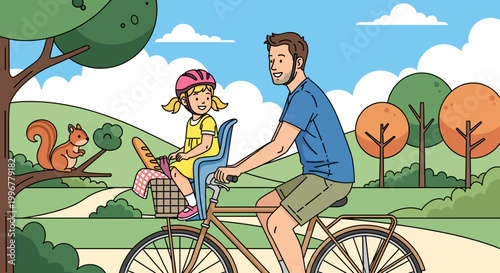 A father and daughter enjoy a sunny day cycling through a park with a picnic basket and a squirrel watching from a tree.