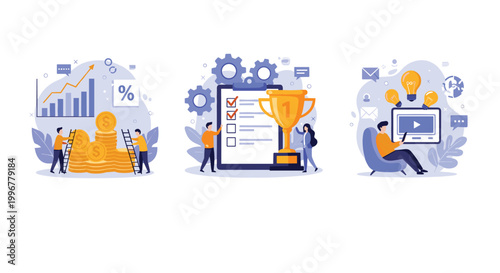 Business infographic set showing people managing money, completing tasks on a checklist, and watching educational videos.