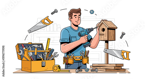 A skilled carpenter is diligently building a wooden birdhouse using a drill and various tools, surrounded by a toolbox and lumber.