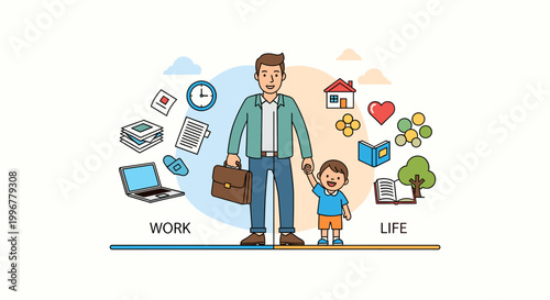 A father balances work and life, with symbols of career on one side and family and leisure on the other.