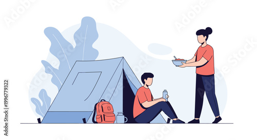 Young couple enjoying outdoor camping adventure with a tent, backpack, and sharing a simple meal in a natural setting.