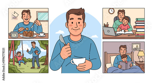 A loving father enjoying various activities with his child, showcasing family bonding and quality time together.