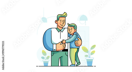 Illustration of a loving father and son embracing each other with warmth and affection, depicting a strong family bond.