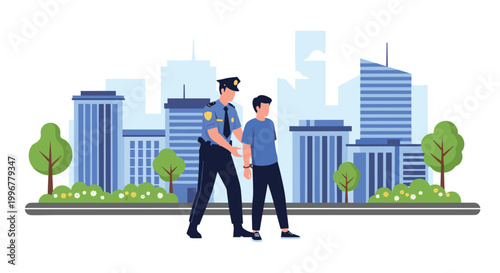Police officer arresting a young man and placing him in handcuffs on a city street with modern buildings in background.