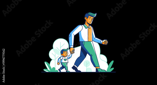 A father and his young son walk hand-in-hand through a park with lush green trees and foliage in the background.
