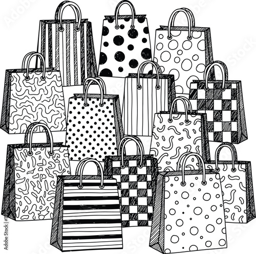 Patterned shopping bags set - doodle style with shopping bag