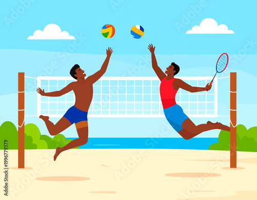 Two men jumping to hit a volleyball over a net on a sunny beach.