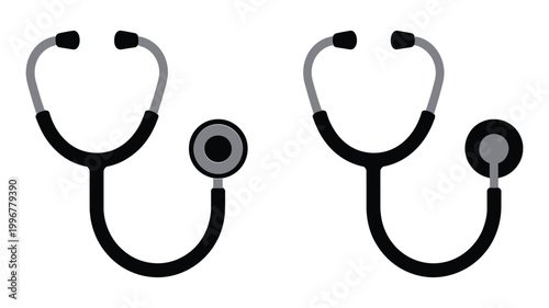 Two stethoscope vector icons in black and grey, simple medical diagnostic tools on clean white background for healthcare systems, hospitals, clinics, and medical graphic design.

