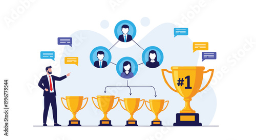 Manager pointing at business team hierarchy and success goals with multiple gold trophies for achieving first place rank.