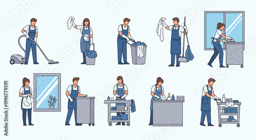 Set of professional janitors performing various cleaning services like vacuuming, mopping, and dusting in an office setting.
