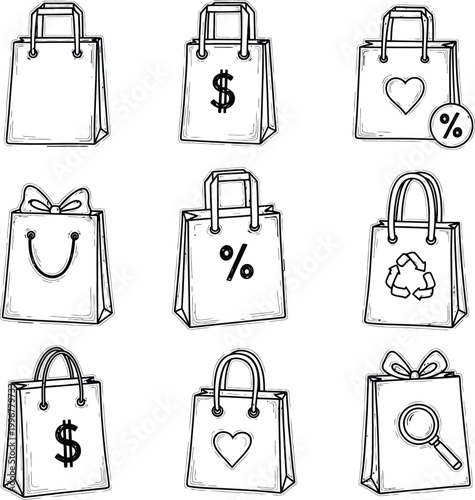 Shopping bag icons - sketch with symbols with dollar sign
