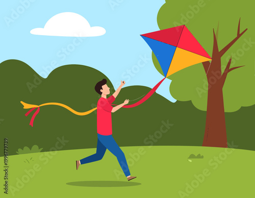 A young man running in a green park, flying a colorful kite with a long tail on a sunny day.
