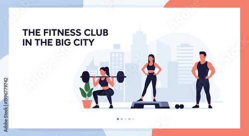 Website landing page design for a city fitness club featuring diverse people exercising with weights and aerobic equipment in a gym.