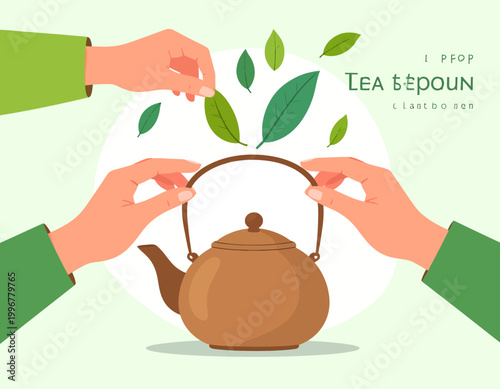 Hands preparing tea by adding fresh green leaves to a traditional brown teapot.