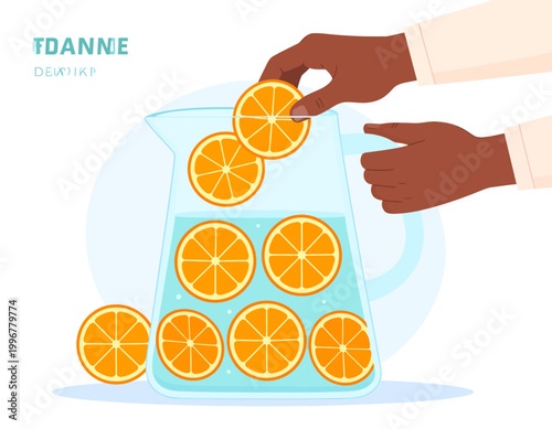 Dark-skinned hands adding fresh orange slices to a pitcher of water, preparing a refreshing drink.