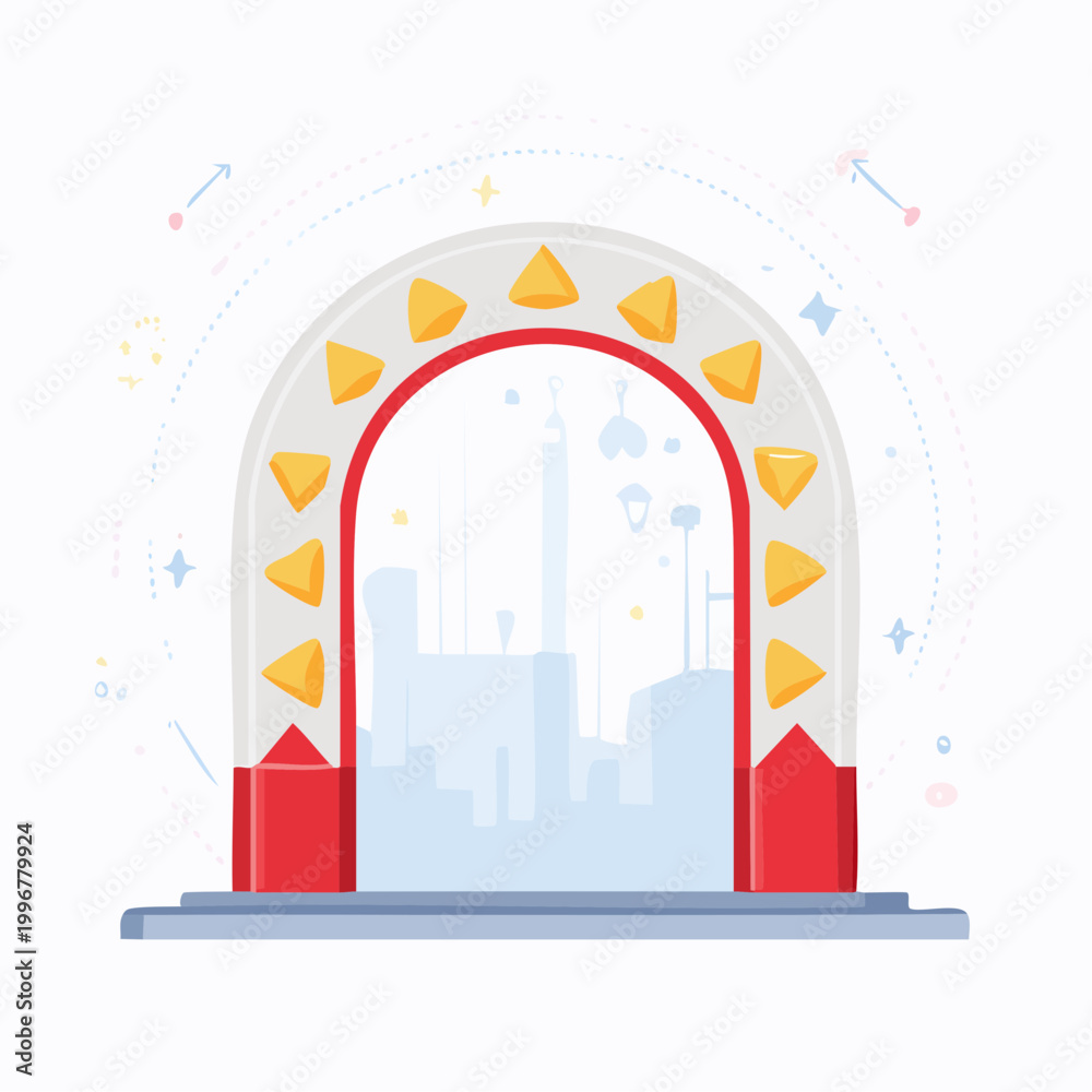 Fototapeta premium Archway with Cityscape Silhouette and Decorative Elements
