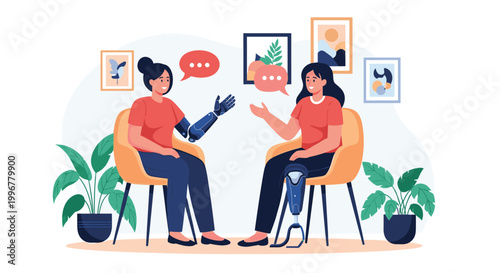 Two empowered women with prosthetic arm and leg limbs sitting in a living room and having a friendly conversation.