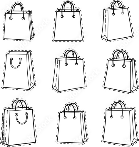 Shopping bags - dotted line outline sketch with shopping bag