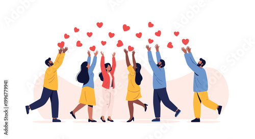 Diverse group of men and women reaching up towards the sky to catch or release numerous red floating heart symbols of love.