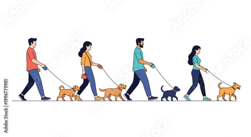 Sequence of four diverse people walking different breeds of dogs on leashes, showing a daily pet care and exercise routine.