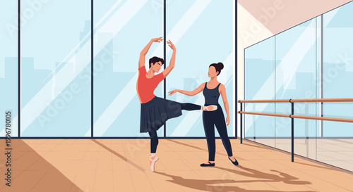 Professional male and female ballet dancers practicing their routines in a spacious, light-filled dance studio with large windows.