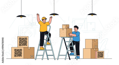 Two warehouse workers using ladders to organize and manage large cardboard boxes marked with scannable QR codes for inventory.