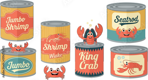 Vintage Canned Seafood Vector Illustration Set: Canned Jumbo Shrimp, King Crab, and Seafood with Cute Mascots - Retro Style Food Packaging Design for Grocery, Marketing, and Culinary Projects

