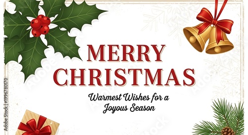 Merry Christmas festive holiday greeting card with golden bells, holly leaves, and gift wrap on white background