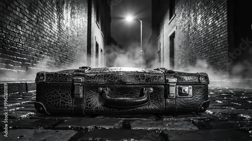 Black and white shot of a mysterious vintage suitcase on a cobblestone alley under a dim street light at night.