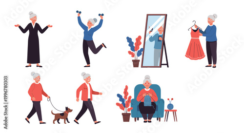 Collection of scenes showing an active senior woman exercising with weights, taking a selfie, knitting, and walking her dog.