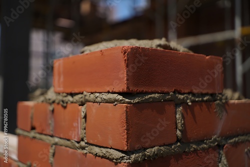 Closeup of red brick masonry wall with clean cement mortar lines, showcasing construction detail, texture, durability, and structured pattern for architecture and building background use.