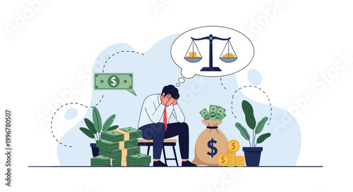 Depressed businessman sitting in despair and thinking about an unbalanced scale of money and financial instability.