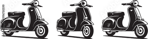 Black and White Retro Scooter Icon Set, Vintage Moped Side View Silhouette Vector Illustration