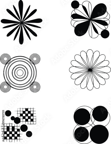 Modern Abstract Floral and Geometric Shape Icon Set with Circular and Radial Designs