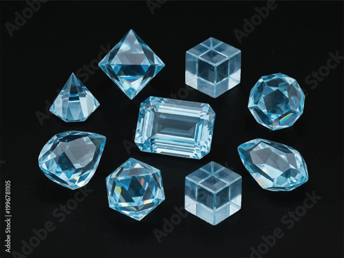 Blue gemstones in various shapes and cuts on a dark surface  precious stones