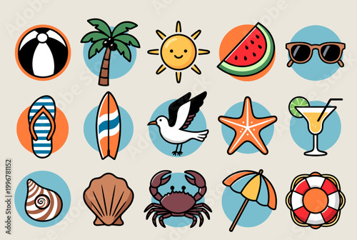 A vibrant collection of cartoon-style summer and beach-themed icons, including a beach ball, palm tree, sun, watermelon, sunglasses, flip-flops, surfboard