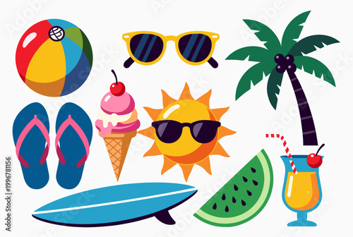 A vibrant collection of summer vacation essentials and beach holiday items, including a beach ball, sunglasses, palm tree, flip-flops, ice cream, sun, surfboard, watermelon, and a refreshing cocktail.