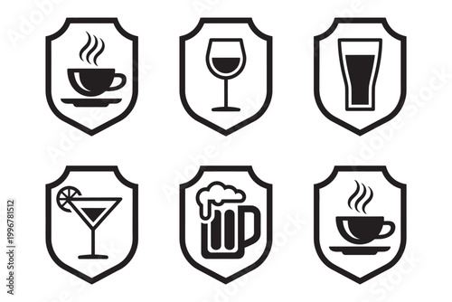 Beverage icons in shields coffee wine water cocktail beer, modern emblem badge design