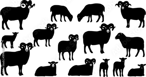 Silhouette set of rams, sheep, and lambs in various poses.