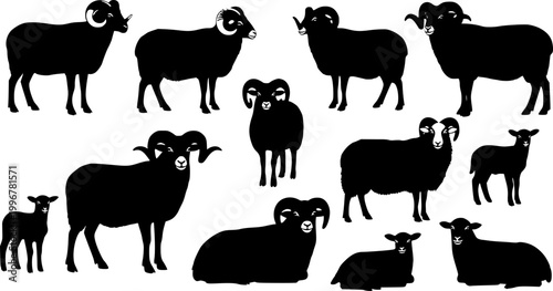 Silhouette set of rams, sheep, and lambs in various poses.
