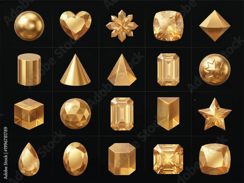 Collection of gold geometric shapes and precious stones in various cuts and forms  isolated on black background