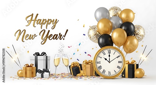 New Year's Eve celebration with golden clock, champagne, gifts, and festive balloons at midnight