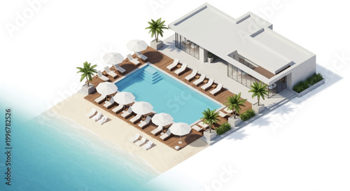 Isometric view of a modern villa with a turquoise swimming pool and white parasols, complemented by palm trees and a sandy beach, rendered with bright, summery colors against a clean