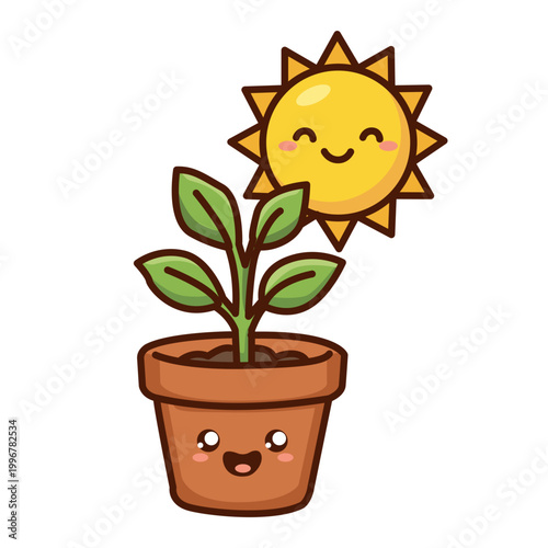 Cute Smiling Sun Shining on Potted Plant Sticker